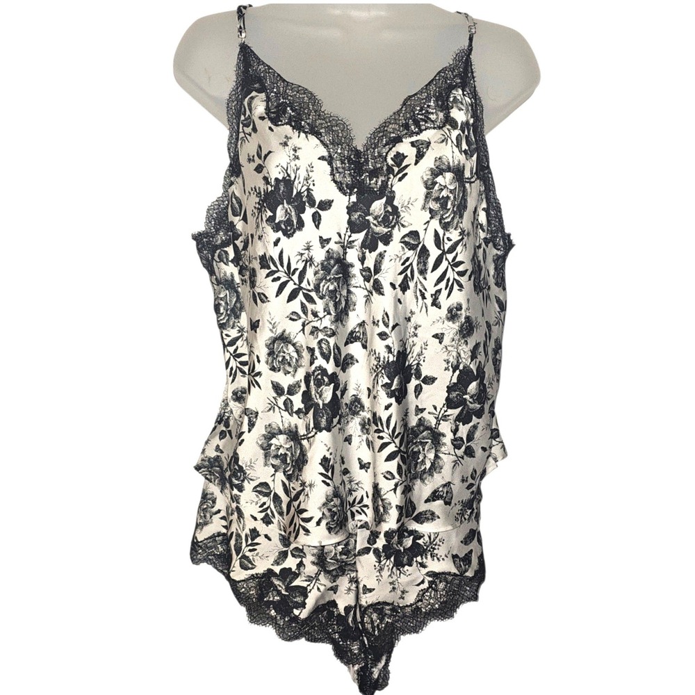 Victoria's Secret Satin Black White Floral Lace Cami Top & Shorts Set Women's XL